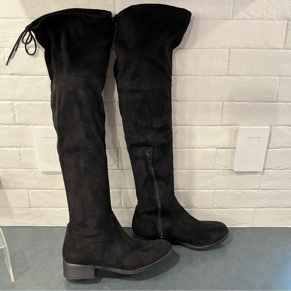 ANA sz 7 Pixie black vegan micro suede OTK boots